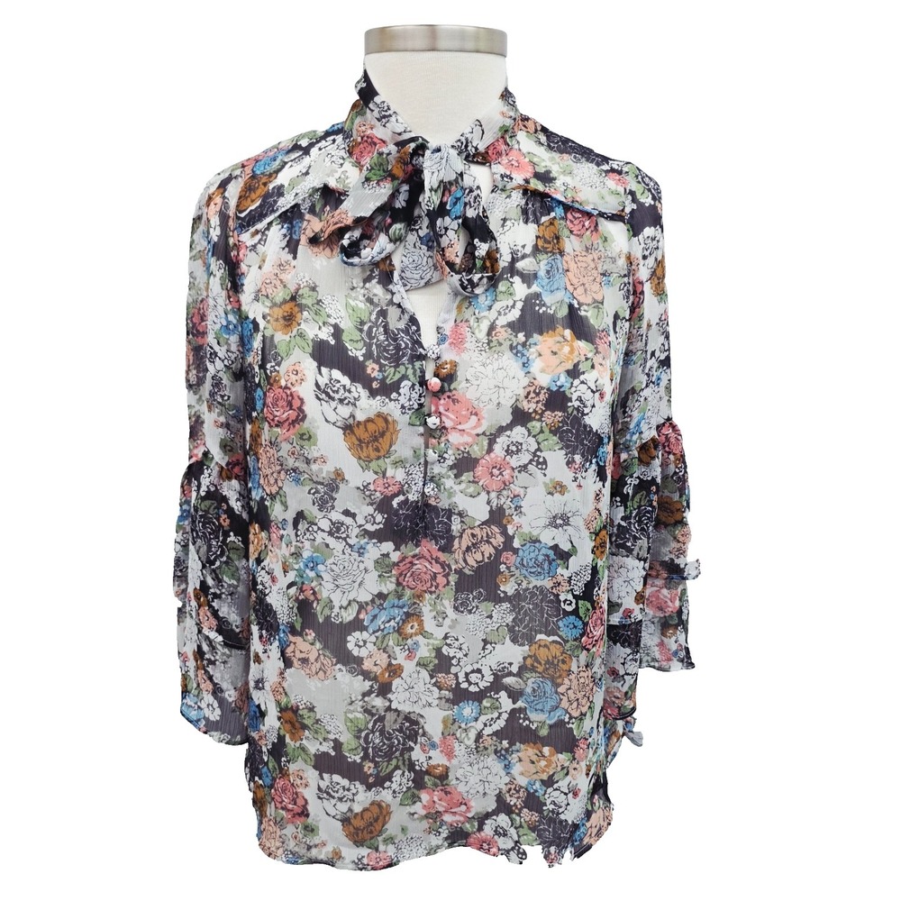 Lauren Conrad Womens S Multicolor Floral Sheer Bow Neck Bell Sleeve Blouse